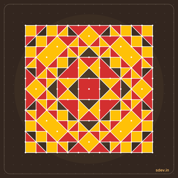 Pulli Rangoli, 13 - 13 straight dots, No. 38: finished kolam design