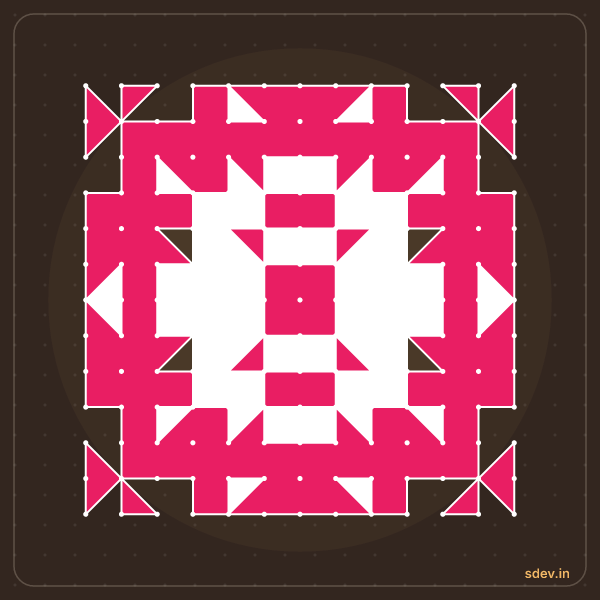 Pulli Rangoli, 13 - 13 straight dots, No. 39: finished kolam design