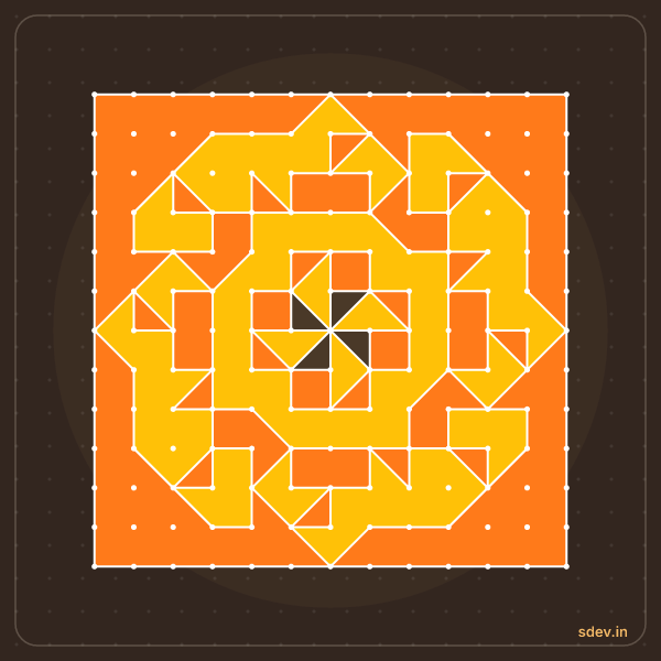 Pulli Rangoli, 13 - 13 straight dots, No. 40: finished kolam design