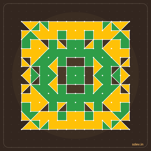Pulli Rangoli, 13 - 13 straight dots, No. 43: finished kolam design