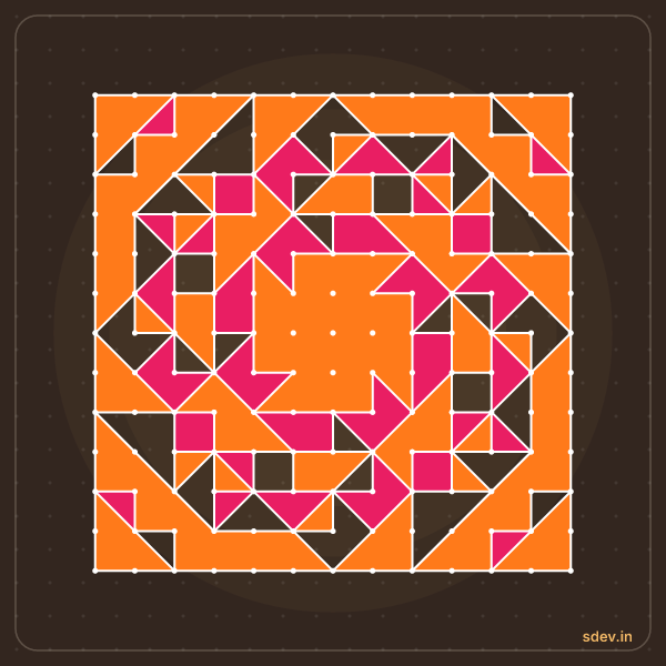 Pulli Rangoli, 13 - 13 straight dots, No. 58: finished kolam design