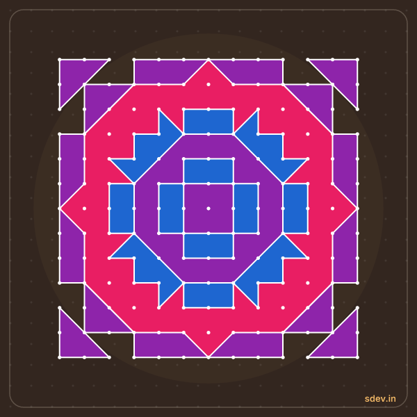 Pulli Rangoli, 13 - 13 straight dots, No. 64: finished kolam design