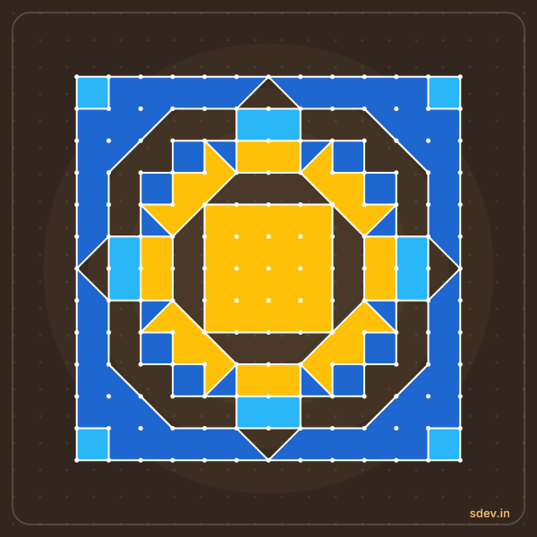 Pulli Rangoli, 13 - 13 straight dots, No. 65: finished kolam design