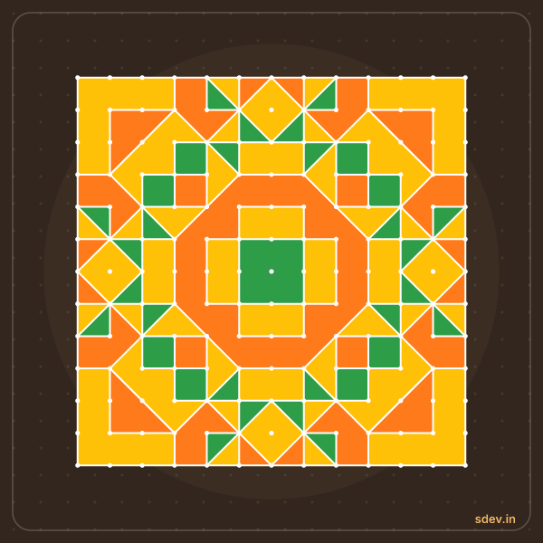 Pulli Rangoli, 13 - 13 straight dots, No. 88: finished kolam design