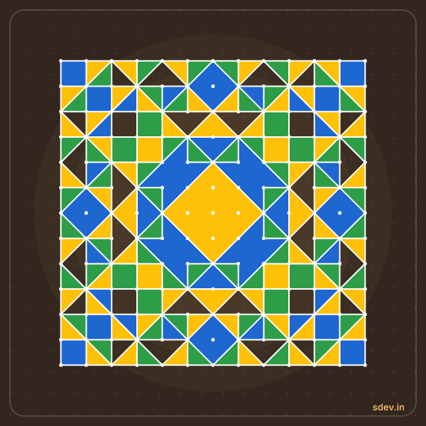 Pulli Rangoli, 13 - 13 straight dots, No. 101: finished kolam design