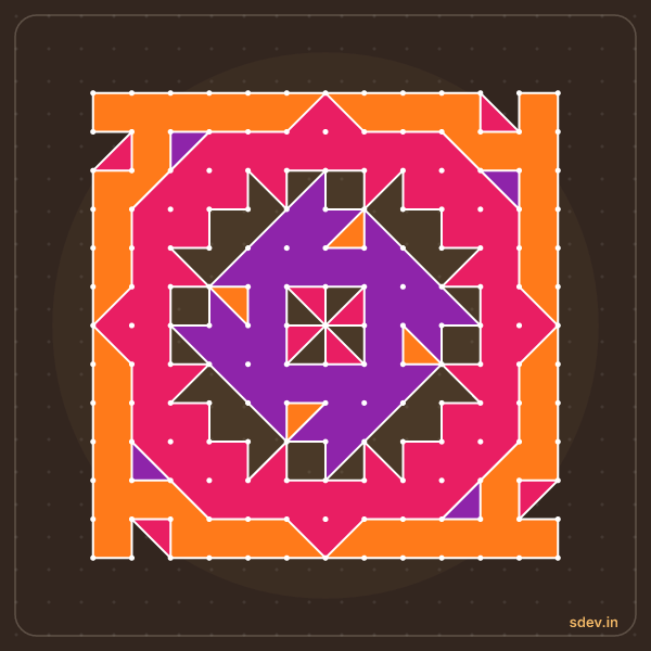 Pulli Rangoli, 13 - 13 straight dots, No. 102: finished kolam design