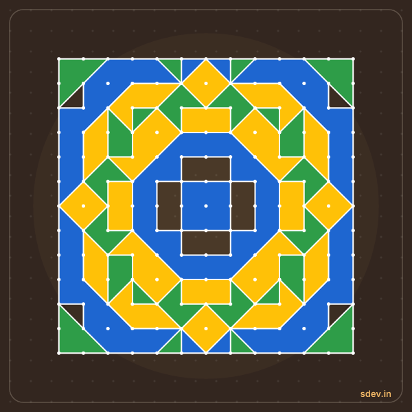 Pulli Rangoli, 13 - 13 straight dots, No. 103: finished kolam design