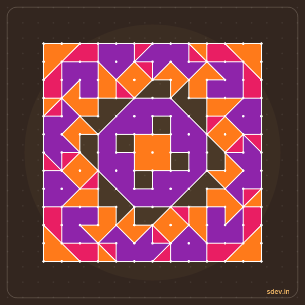Pulli Rangoli, 13 - 13 straight dots, No. 105: finished kolam design