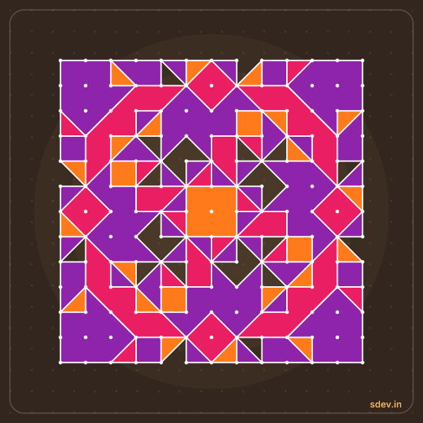 Pulli Rangoli, 13 - 13 straight dots, No. 114: finished kolam design