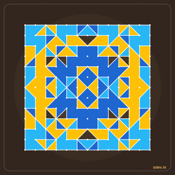 Pulli Rangoli, 13 - 13 straight dots, No. 117: finished kolam design
