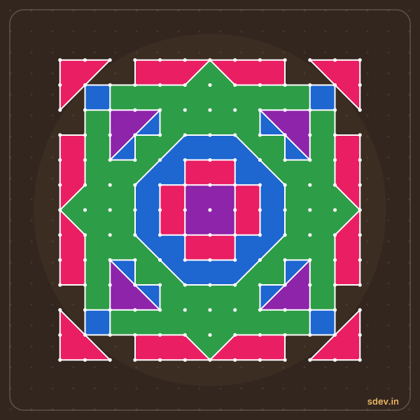 Pulli Rangoli, 13 - 13 straight dots, No. 127: finished kolam design