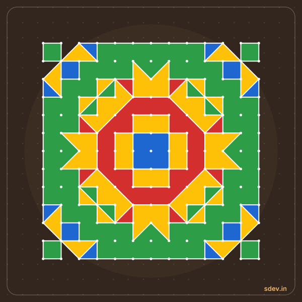 Pulli Rangoli, 13 - 13 straight dots, No. 128: finished kolam design