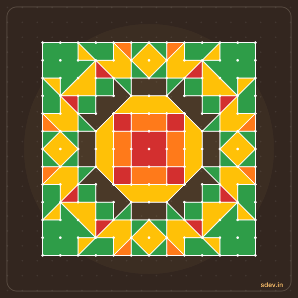 Pulli Rangoli, 13 - 13 straight dots, No. 145: finished kolam design