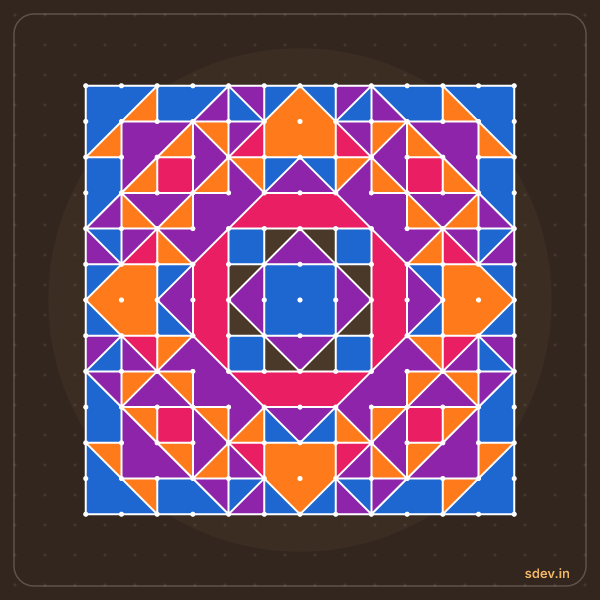 Pulli Rangoli, 13 - 13 straight dots, No. 163: finished kolam design