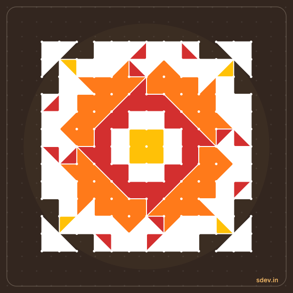 Pulli Rangoli, 13 - 13 straight dots, No. 165: finished kolam design