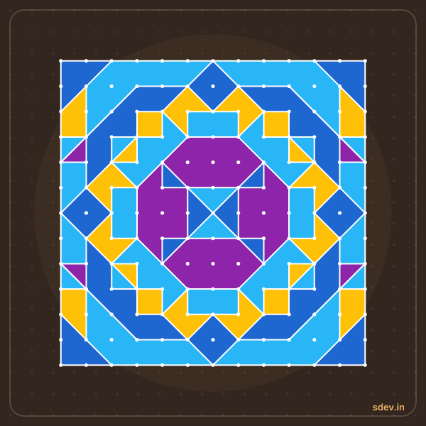 Pulli Rangoli, 13 - 13 straight dots, No. 166: finished kolam design