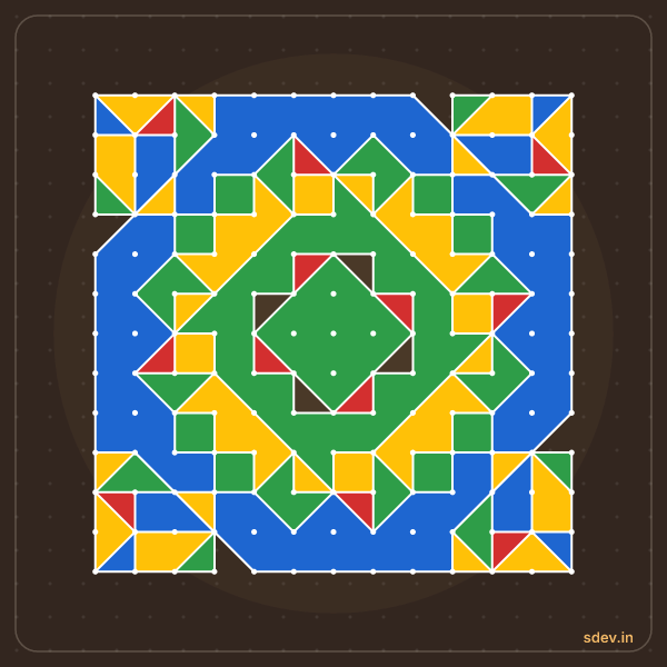 Pulli Rangoli, 13 - 13 straight dots, No. 167: finished kolam design