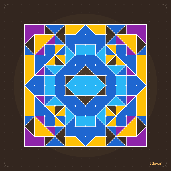 Pulli Rangoli, 13 - 13 straight dots, No. 173: finished kolam design