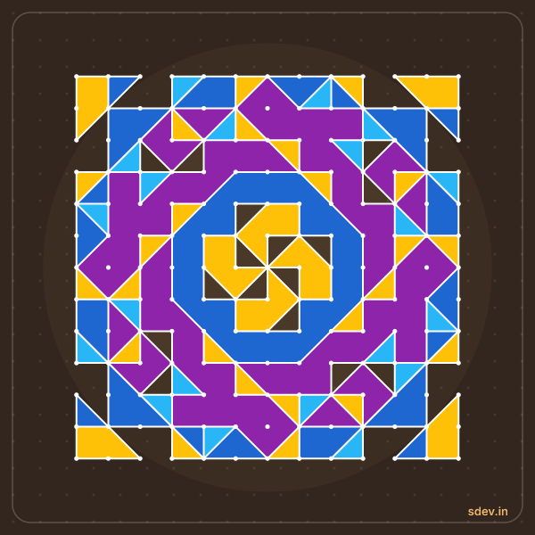 Pulli Rangoli, 13 - 13 straight dots, No. 174: finished kolam design