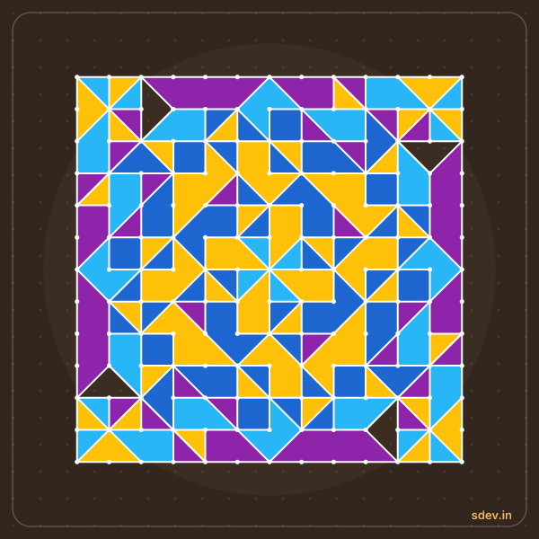 Pulli Rangoli, 13 - 13 straight dots, No. 189: finished kolam design
