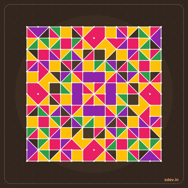 Pulli Rangoli, 13 - 13 straight dots, No. 190: finished kolam design
