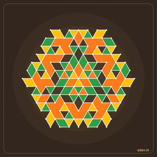 Pulli Rangoli, 13 - 7 interlaced dots, No. 109: finished kolam design