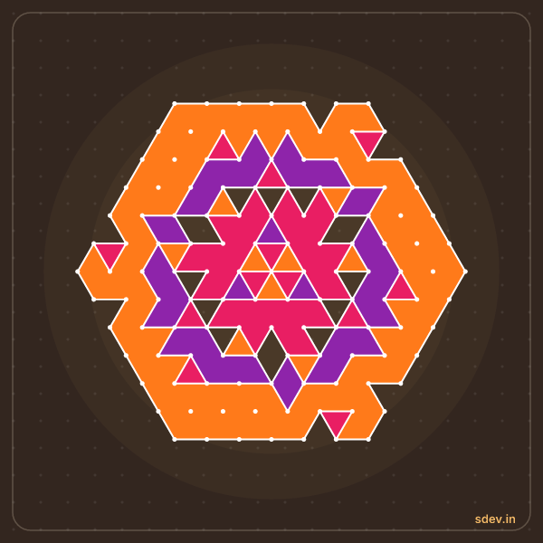 Pulli Rangoli, 13 - 7 interlaced dots, No. 112: finished kolam design