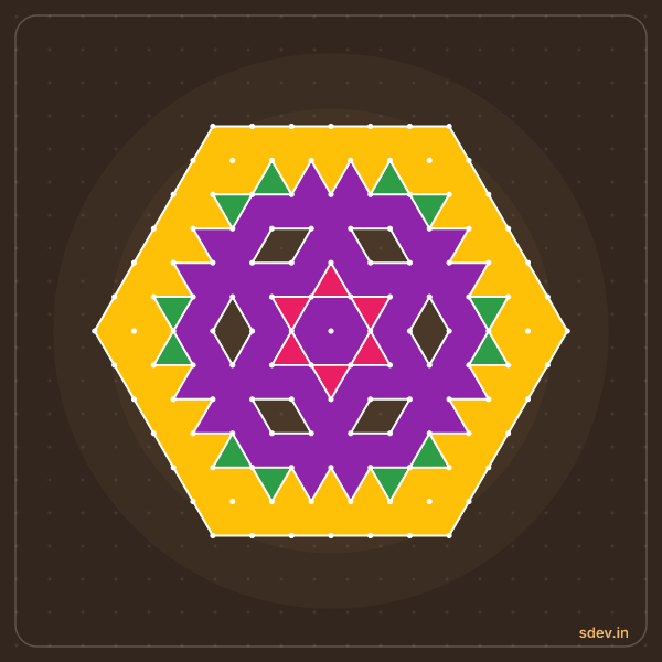 Pulli Rangoli, 13 - 7 interlaced dots, No. 127: finished kolam design