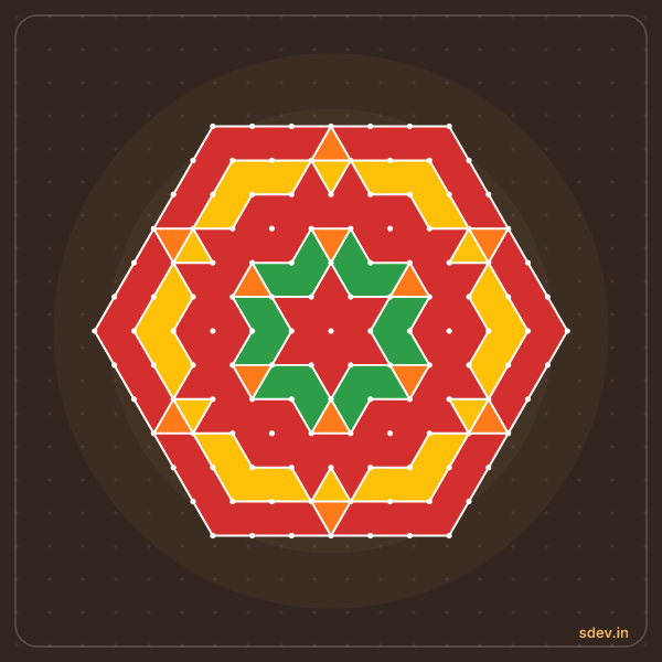 Pulli Rangoli, 13 - 7 interlaced dots, No. 128: finished kolam design
