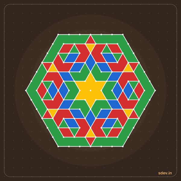 Pulli Rangoli, 13 - 7 interlaced dots, No. 139: finished kolam design