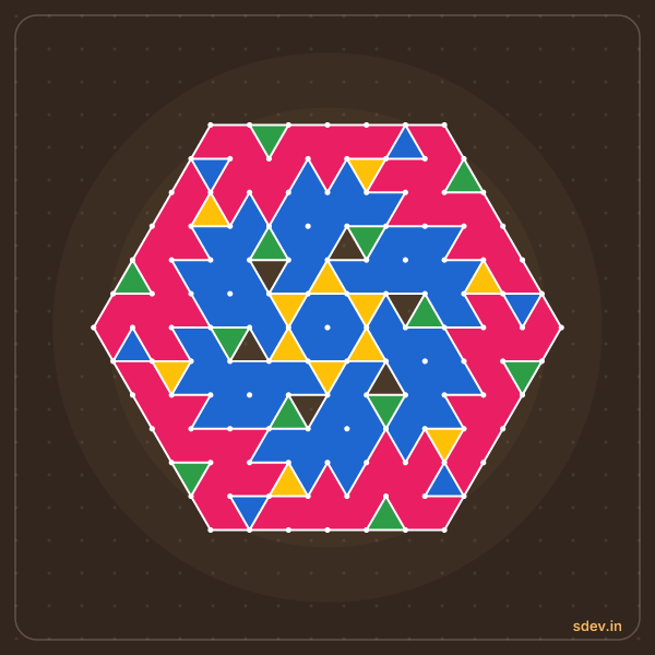 Pulli Rangoli, 13 - 7 interlaced dots, No. 157: finished kolam design