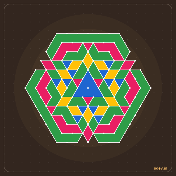 Pulli Rangoli, 13 - 7 interlaced dots, No. 159: finished kolam design