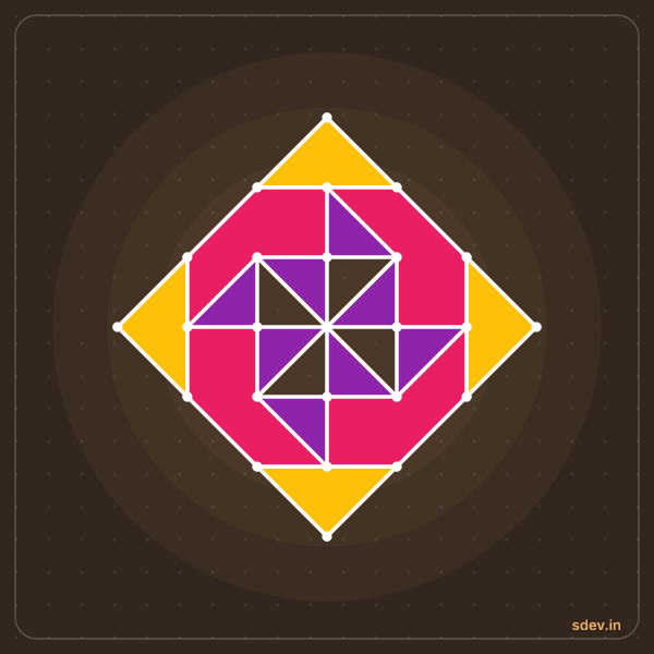 Pulli Rangoli, 7 - 1 straight dots, No. 66: finished kolam design