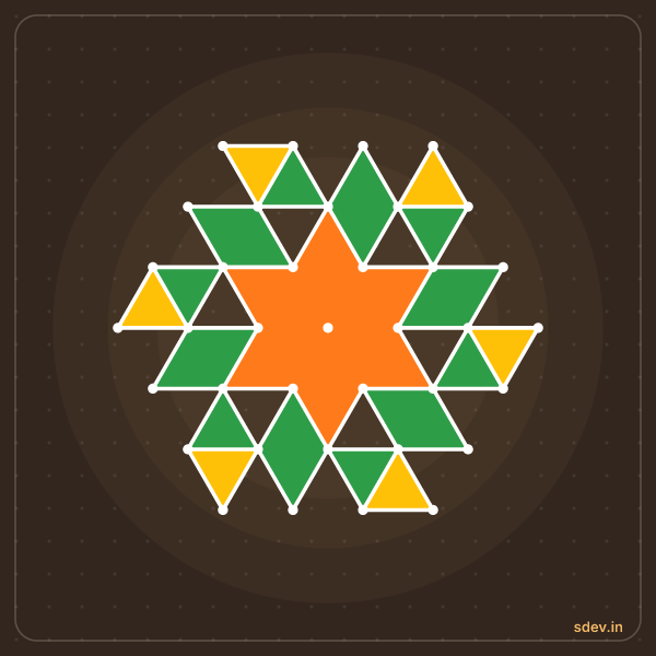 Pulli Rangoli, 7 - 4 interlaced dots, No. 101: finished kolam design