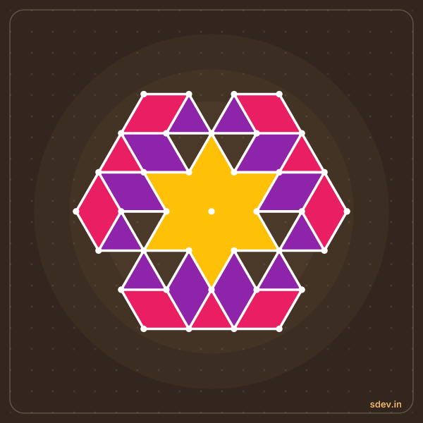 Pulli Rangoli, 7 - 4 interlaced dots, No. 104: finished kolam design