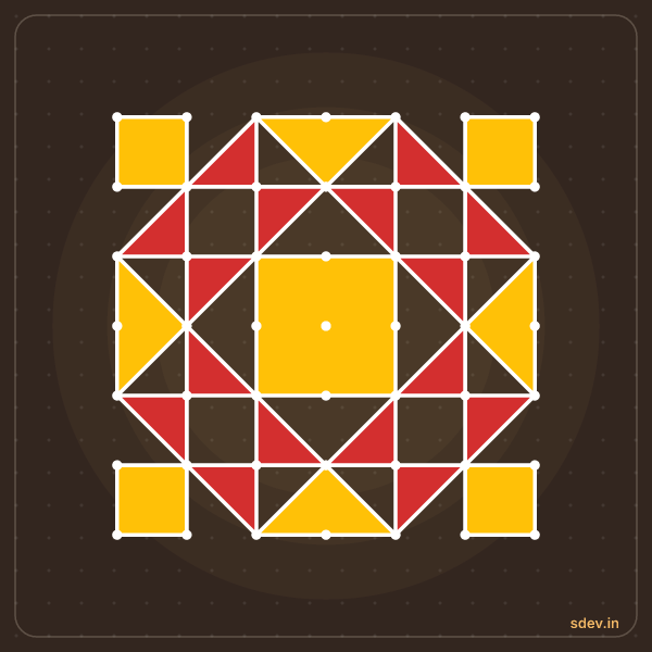 Pulli Rangoli, 7 - 7 straight dots, No. 23: finished kolam design