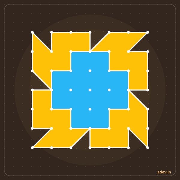 Pulli Rangoli, 7 - 7 straight dots, No. 27: finished kolam design