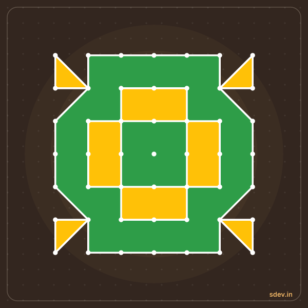 Pulli Rangoli, 7 - 7 straight dots, No. 28: finished kolam design