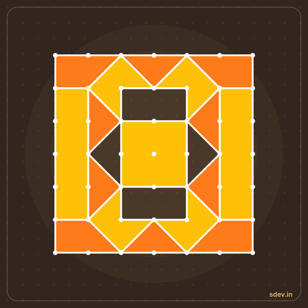 Pulli Rangoli, 7 - 7 straight dots, No. 36: finished kolam design