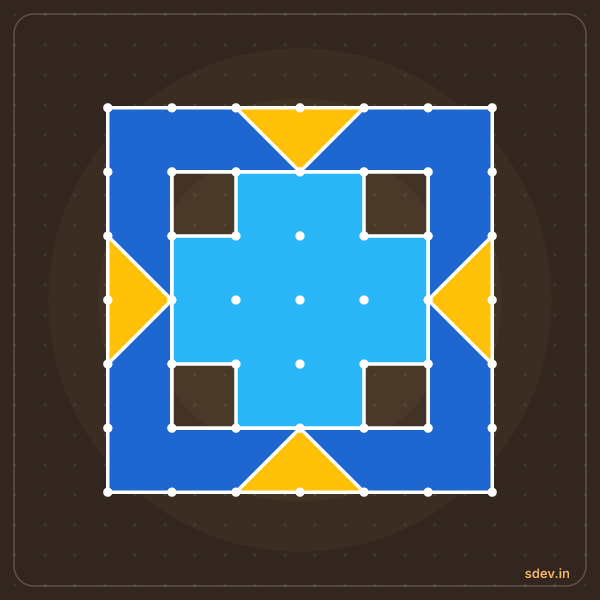 Pulli Rangoli, 7 - 7 straight dots, No. 45: finished kolam design