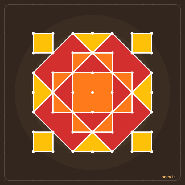 Pulli Rangoli, 7 - 7 straight dots, No. 53: finished kolam design