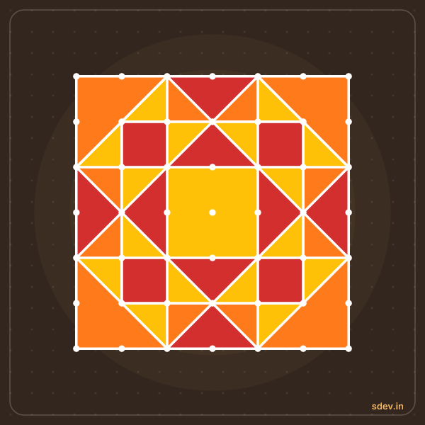 Pulli Rangoli, 7 - 7 straight dots, No. 67: finished kolam design