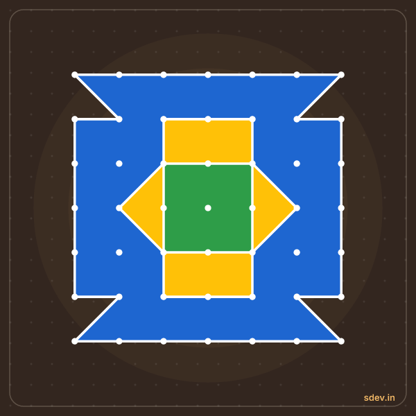 Pulli Rangoli, 7 - 7 straight dots, No. 70: finished kolam design