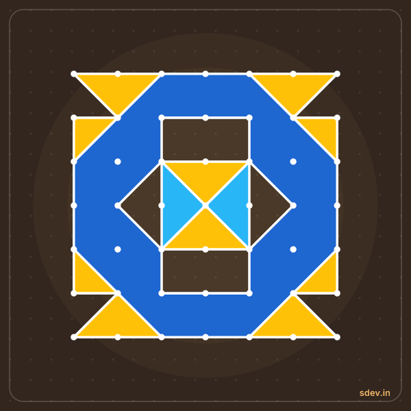Pulli Rangoli, 7 - 7 straight dots, No. 71: finished kolam design