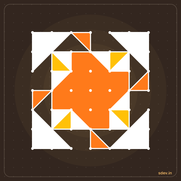 Pulli Rangoli, 7 - 7 straight dots, No. 75: finished kolam design