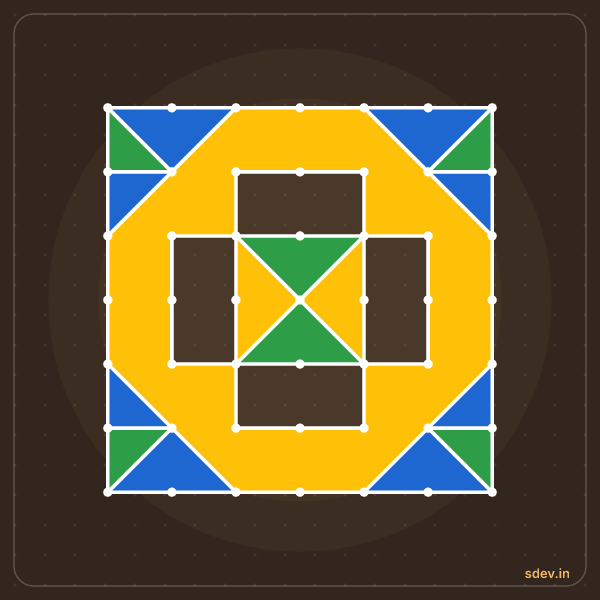 Pulli Rangoli, 7 - 7 straight dots, No. 77: finished kolam design