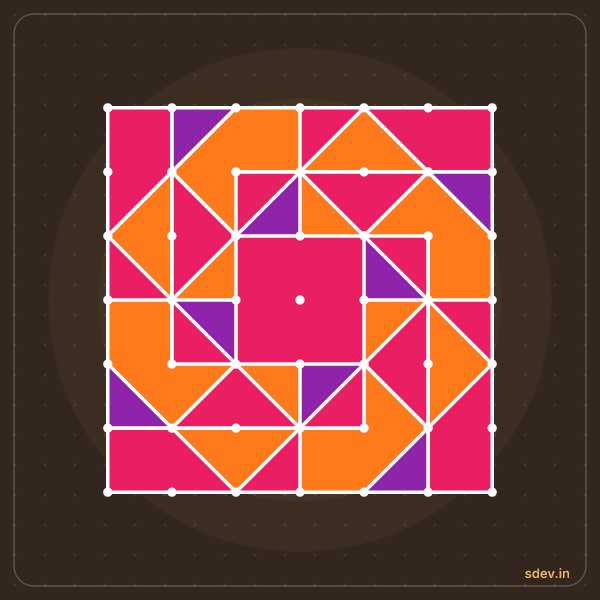 Pulli Rangoli, 7 - 7 straight dots, No. 84: finished kolam design