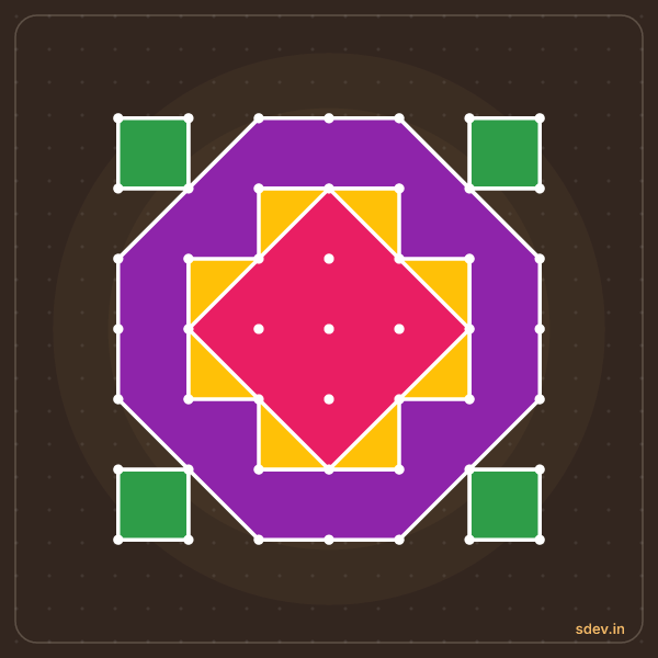 Pulli Rangoli, 7 - 7 straight dots, No. 87: finished kolam design