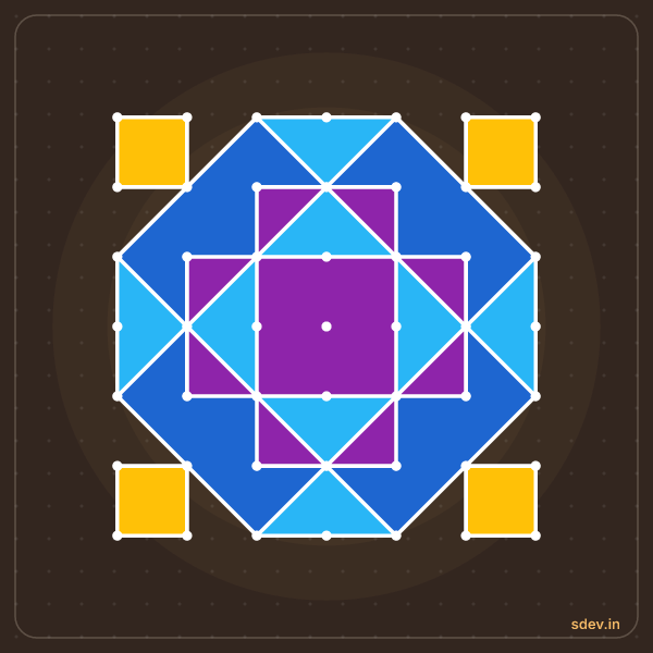 Pulli Rangoli, 7 - 7 straight dots, No. 92: finished kolam design