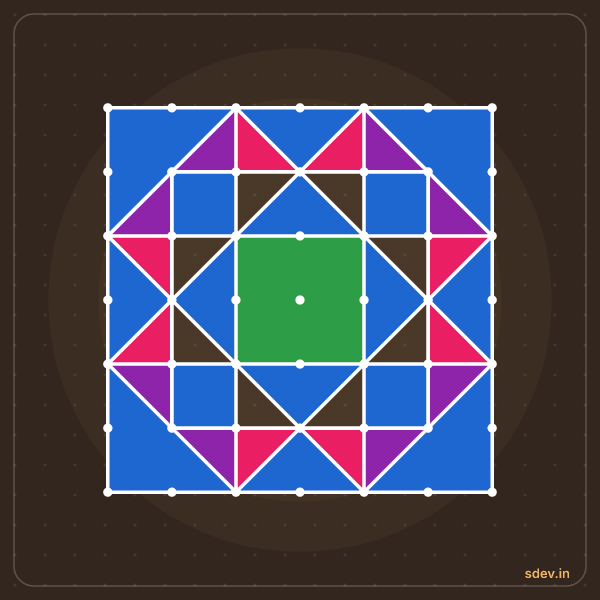 Pulli Rangoli, 7 - 7 straight dots, No. 107: finished kolam design